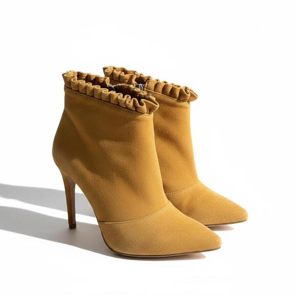 Mustard Suede Ruffle Trim Ankle Boots 4" Heel Size 36 Made in Lebanon - Picture 2 of 11